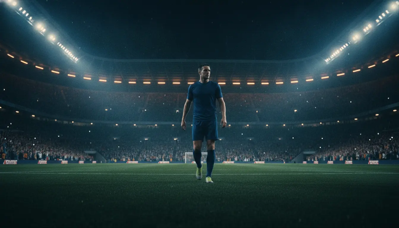 A lone footballer walking out onto a floodlit pitch at night, wet grass shining in the rain, an empty stadium waiting.
