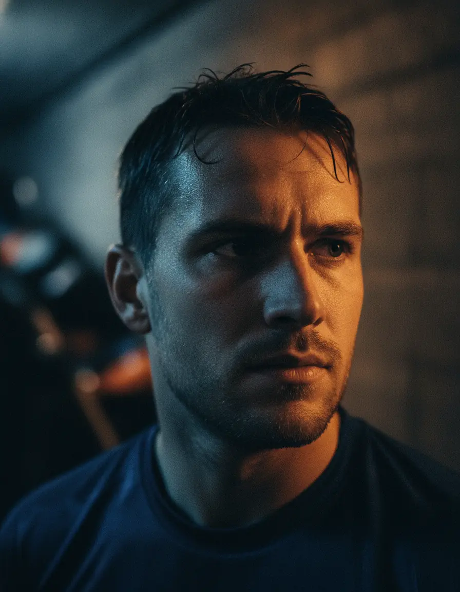 Close portrait of a footballer in the tunnel, half his face in cold blue floodlight, half in warm amber.
